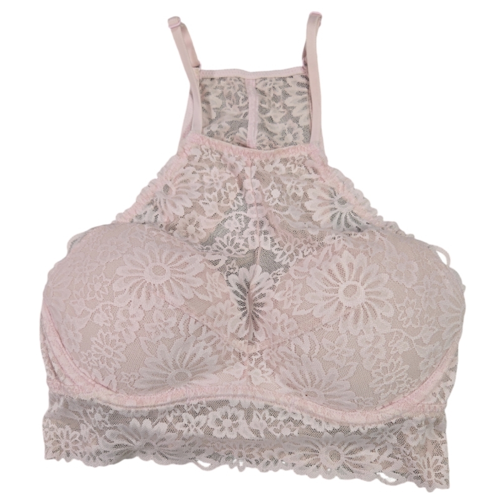 Pink Victorias Secret Women Small Pink Lace Bralette Padded Halter High Neck EUC